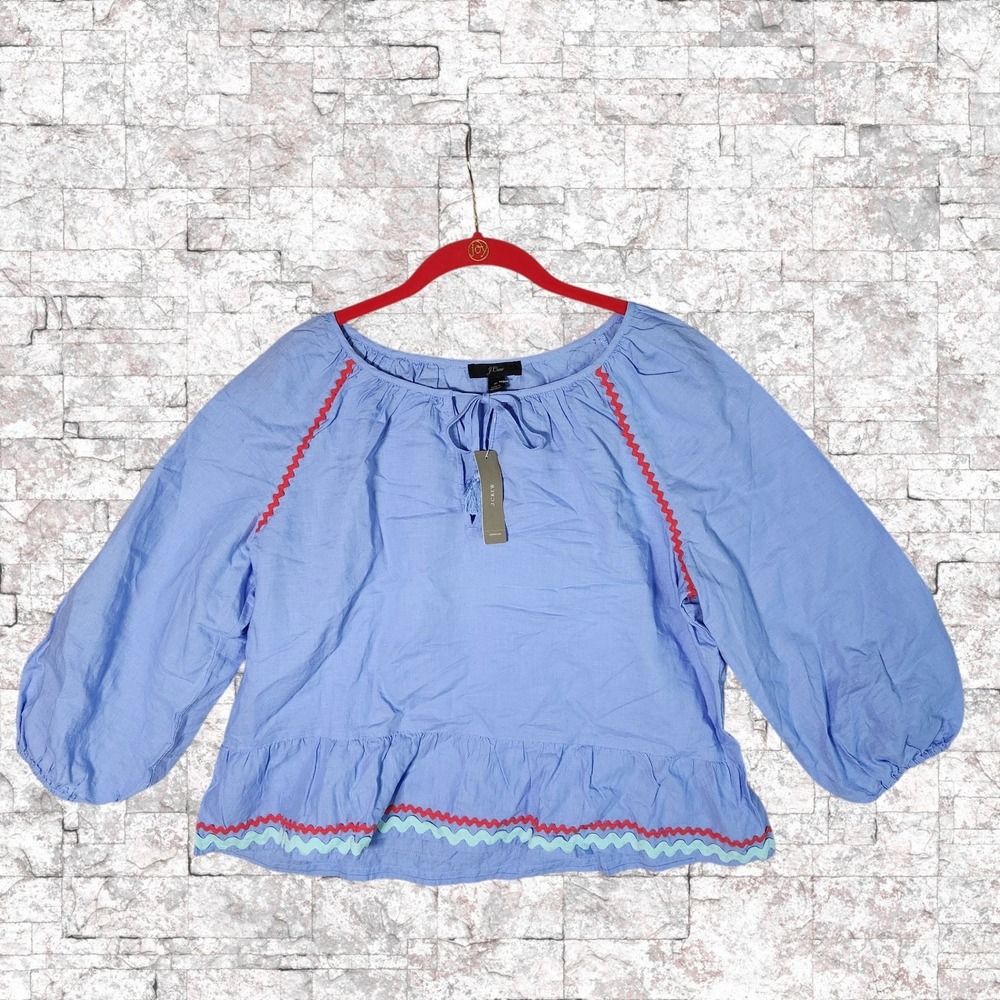 J.Crew Blue Rickrack Swing Top Blouse Tassel Tie L7449 Womens Medium NEW